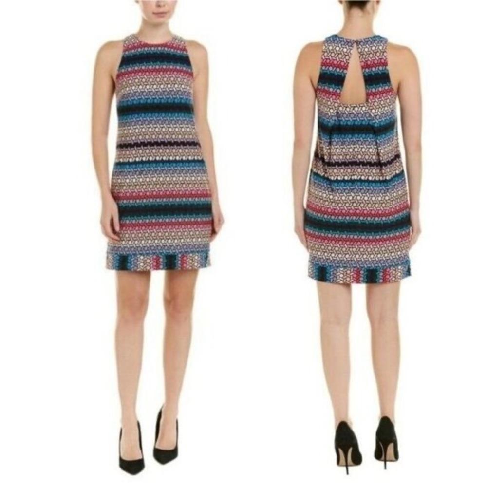 (B5) Trina Turk Macee Geo Striped Sleeveless Keyhole Shift Dress Multi-Color L